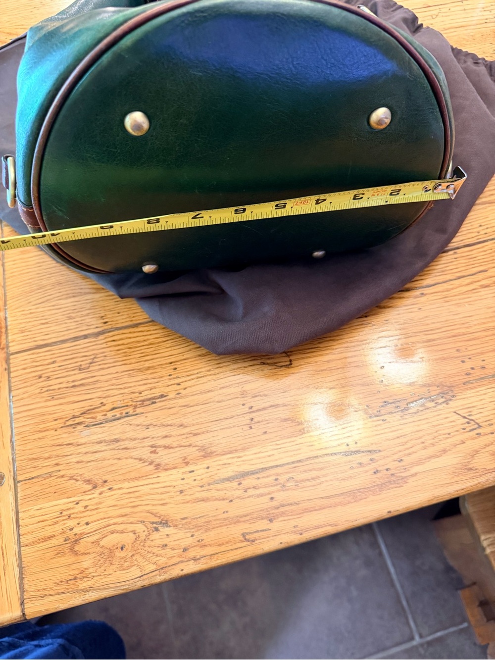 Time Resistance Green Italian Leather Drawstring Bucket Bag with Brown Trim - Picture 15 of 15